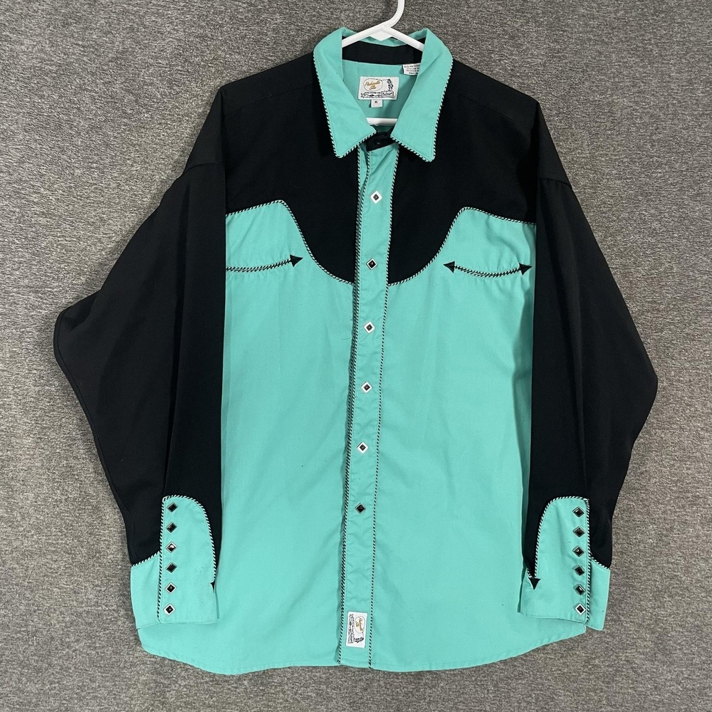 Panhandle Slim Shirt Mens XL Green Black Western Snap Retro Studded Cowboy